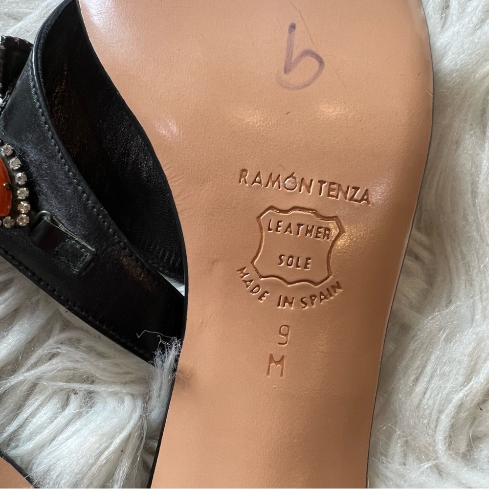 Ramon Tenza Black Leather Jeweled Lucretia Thong Heeled Sandals Size 9 M NEW - Picture 6 of 7